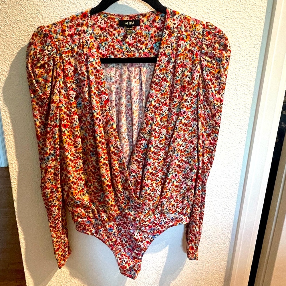 AFRM long sleeve floral body suit v-neck